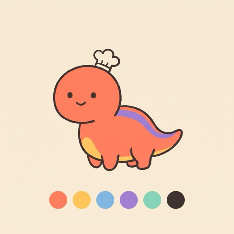 A chubby dinosaur wearing a tiny chef hat, drawn in the Doodlepedia style, from the Dino Diner theme
