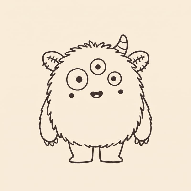 A friendly round monster with three eyes and a stubby horn, drawn in the Doodlepedia style, from the Monsters theme
