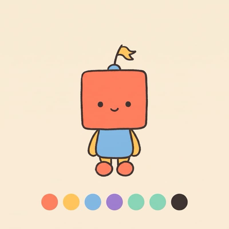 A square-headed friendly robot with a bent flag on its antenna, drawn in the Doodlepedia style, from the Robot City theme