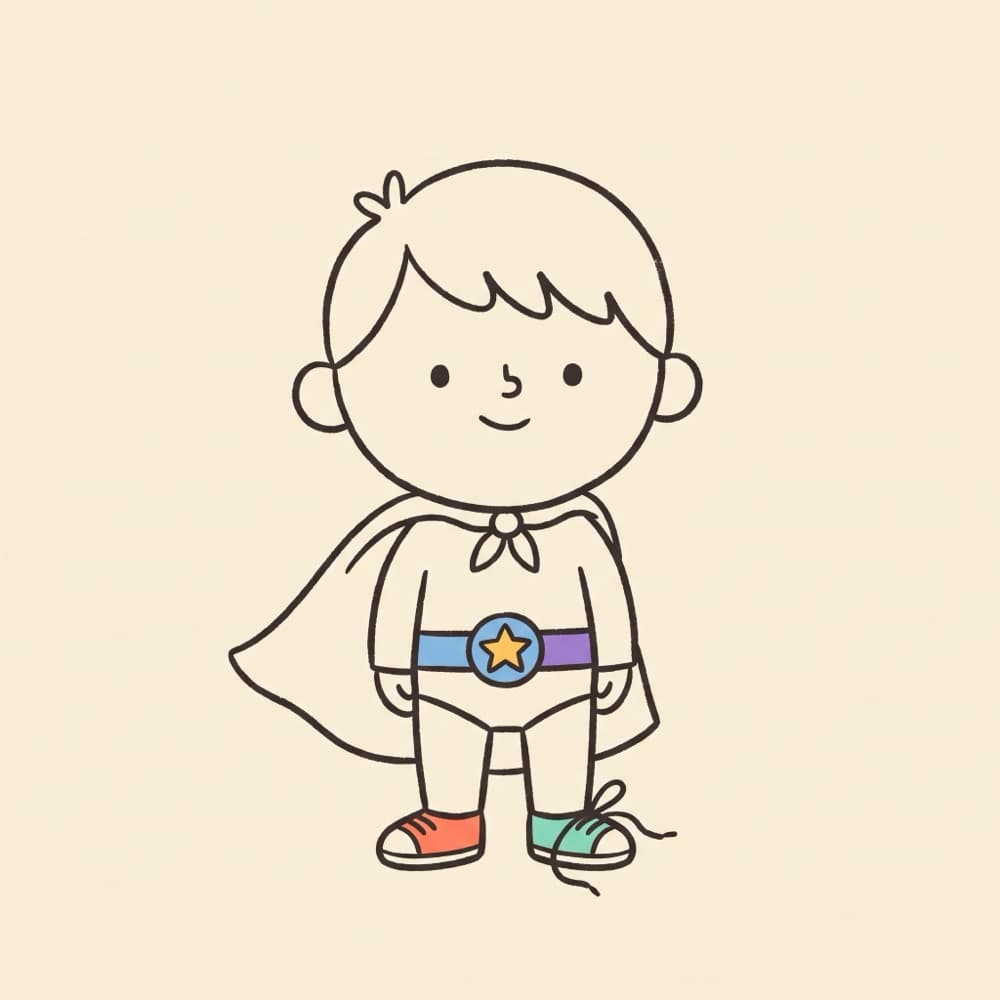 A small superhero kid with a cape, drawn in the Doodlepedia style, from the Superheroes theme
